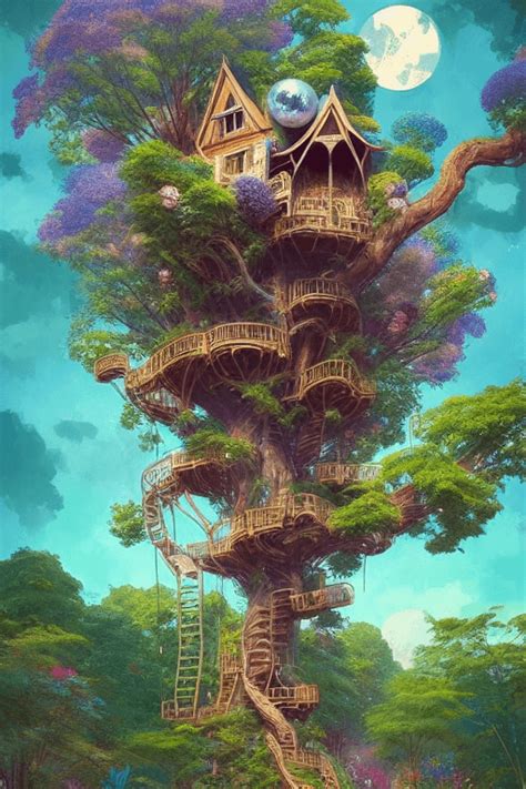 Gorgeous Magical Treehouse Flowers Trees · Creative Fabrica