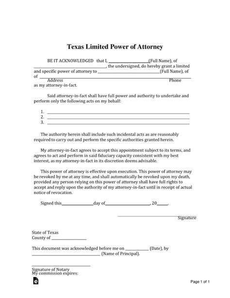 Free Texas Limited Power of Attorney Form - PDF | Word – eForms