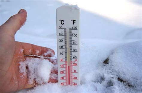 Thermometer On Snow Shows Freezing Temperature In Celsius Or Farenheit Stock Image - Image of ...