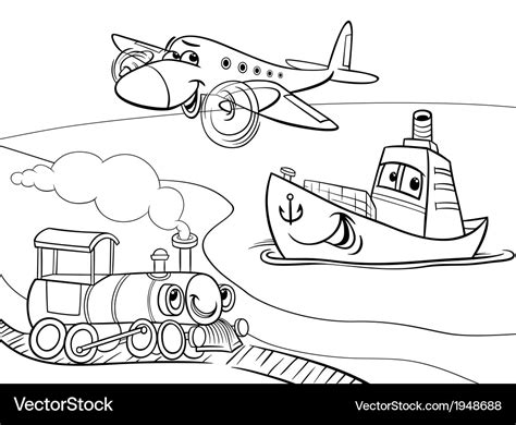 Plane ship train cartoon coloring page Royalty Free Vector