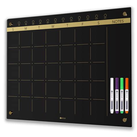 Black Glass Golden Monthly Dry Erase Calendar Whiteboard for Wall, 17" x 23", Frameless Large ...