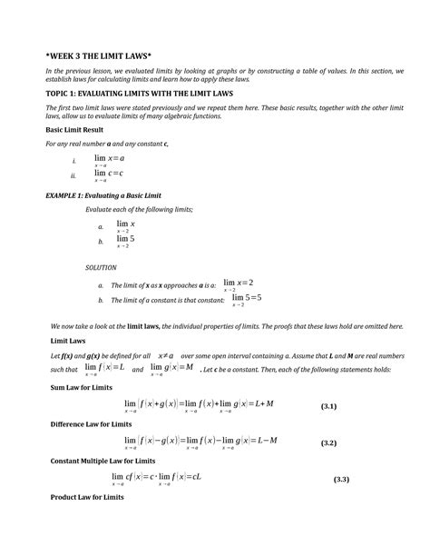 WEEK 3 THE Limit LAWS - Lecture notes 1 - WEEK 3 THE LIMIT LAWS In the ...