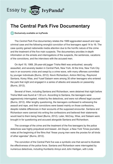 The "Central Park Five" Documentary - 404 Words | Essay Example