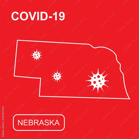 Map of Nebraska State labeled "COVID-19". White outline map on a red background. Vector ...