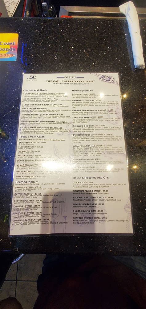 Menu at Cajun Greek restaurant, Galveston