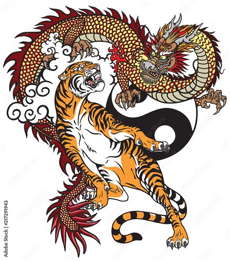 Chinese dragon versus tiger. Tattoo vector illustration included Yin Yang symbol Stock Vector ...