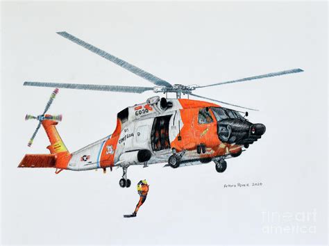 Coast Guard HH60 Jayhawk Helicopter and Rescue Swimmer Drawing by ...