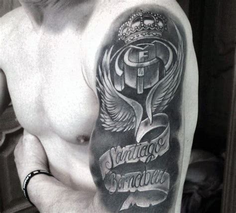 Male Real Madrid Tattoo Ideas Half Sleeve With Banner Design - Next Luxury