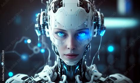 AI in image of robot woman or female cyborg in cyberspace. Artificial ...