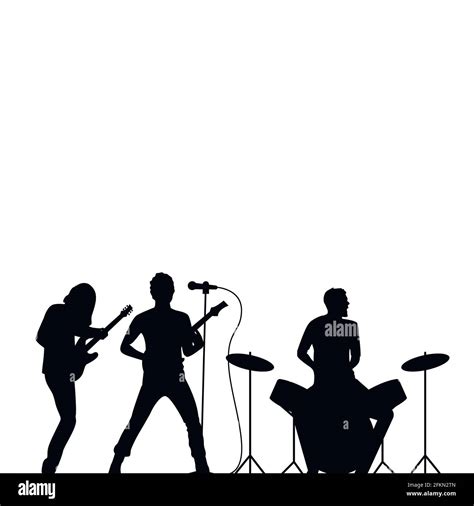 Rock band drummer, singer and guitarist black silhouette, rock wallpaper. Rock concert, musical ...