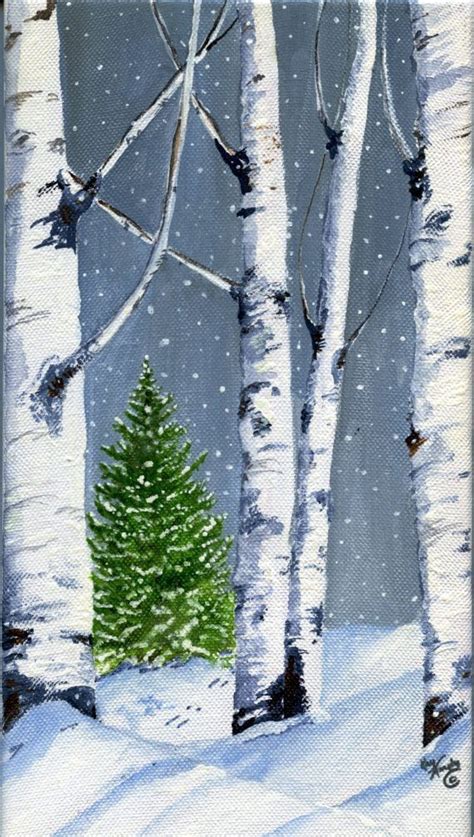 Birch Winter Scene | Winter painting, Christmas paintings on canvas ...