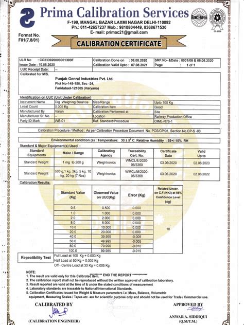 Weigh Balance Calibration Certificate | PDF | Calibration | Weighing Scale