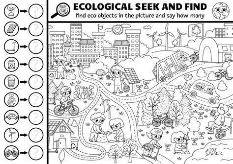 Vector black and white ecological searching game with eco city landscape. Spot hidden objects in ...