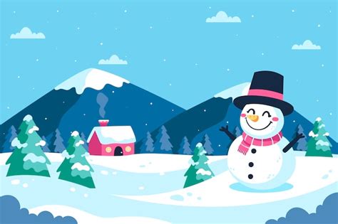 Free Vector | Flat background for winter season with snowman and house