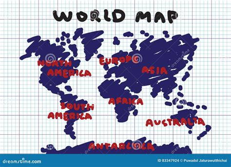 Freehand Drawing Style of World Map and Continent on Grid Paper . Stock ...