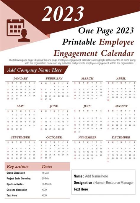 One Page 2023 Printable Employee Engagement Calendar Presentation ...