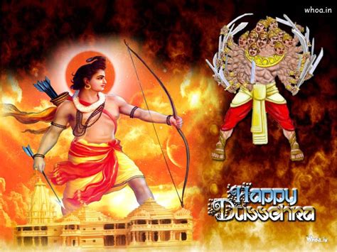 Happy Dussehra With Lord Ram And Ravan With Fire Background Wallpaper