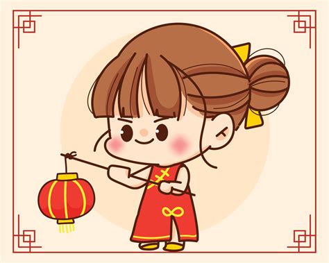 Cute chinese girl holding lantern chinese happy chinese year character ...