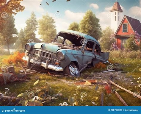 Illustration of a Crushed Car after Being Involved in an Accident. Stock Illustration ...