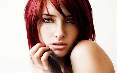 face, redhead, simple background, model, white background, portrait, bare shoulders, women ...