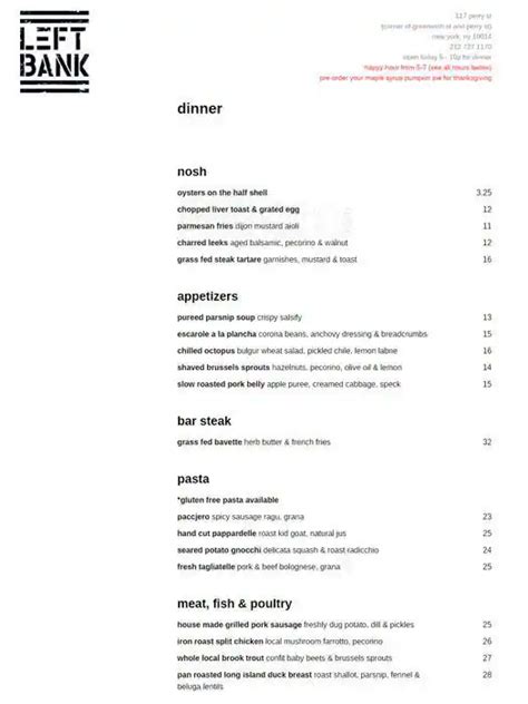 Left Bank Menu, Menu for Left Bank, Greenwich Village, New York City - Urbanspoon/Zomato