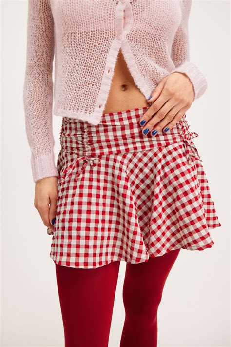 Short Bow Detail Mini Skirt - Red Check - Monki