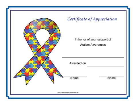 Autism Awareness Ribbon Certificate of Appreciation Template Download Printable PDF | Templateroller