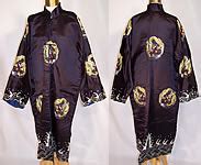 Vintage Chinese Dragon Embroidered Roundel Black Silk Robe Coat