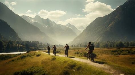 Premium AI Image | Friends riding bicycles in the mountains