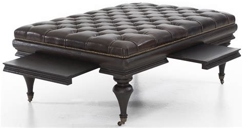 The Bernhardt "Brockton" coffee table ottoman features a button-tufted leather top, nailhead ...