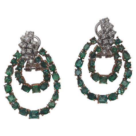 Brilliant Cut Diamond Emerald 18 Carats Yellow White Gold Earrings For Sale at 1stDibs