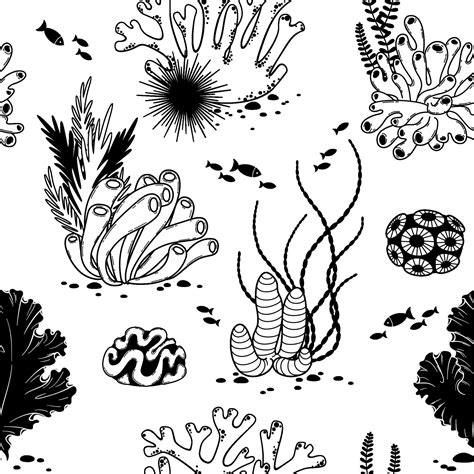 Vector seamless black and white pattern with starfish, seaweed, coral and fish. Sea life. Seabed ...