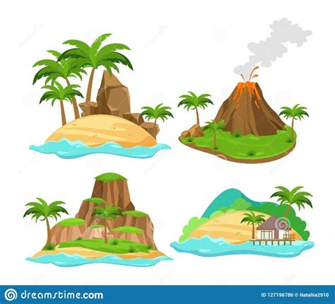 Vector illustration set of different scenes of tropical islands with palm trees and mountains ...