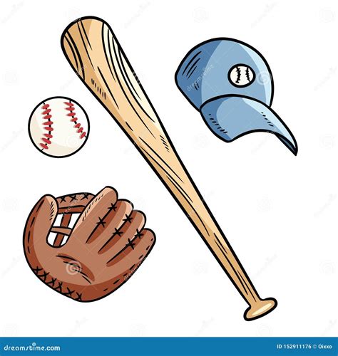 Baseball, Baseball Bat, Hat And Catchig Glove Doodles. Hand Drawn Sketch Image Set Vector ...