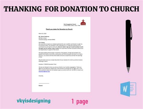 Thank You Letter for Donation to Church, Church Donation, Thanking Contribution, Sponsorship ...