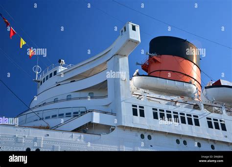 Bridge and funnel of the Queen Mary, 1936 art deco Cunard ocean liner ...