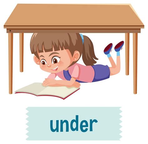 Premium Vector | Preposition of place with cartoon girl and a table