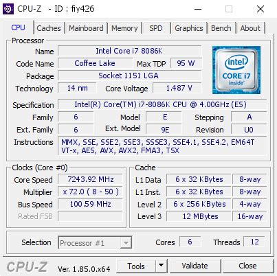 Intel Core i7-8086K CPU Overclocked to 7.24 GHz Across All 6 Cores