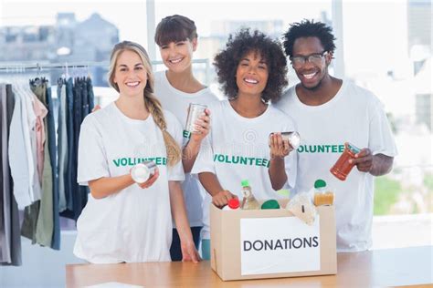 Happy Volunteer Group with Food Donation Stock Image - Image of people ...