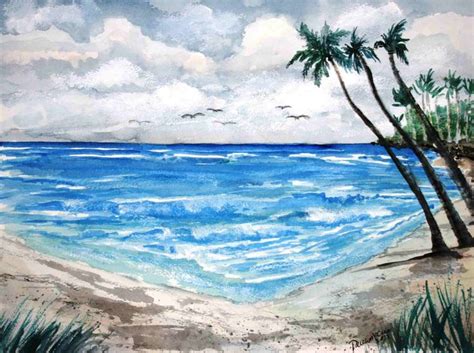 Original watercolor painting of a tropical coastal art beach scene, coast home décor 12 x 16 ...