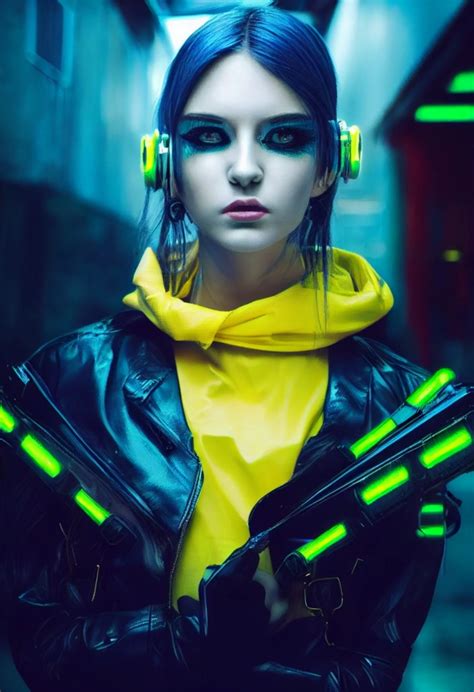 Beautiful cyberpunk futuristic armed woman with yellow | Midjourney | OpenArt