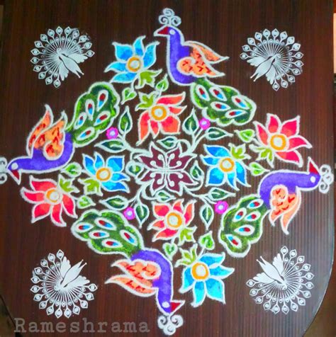 25 dots colourful Peacock kolam || Contest colour kolam – Kolams of India