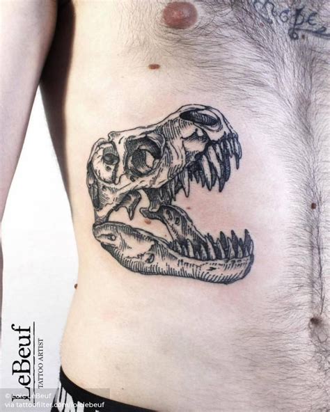 T-Rex skull tattoo on the ribs. | Skull tattoo, Black ink tattoos, Head tattoos