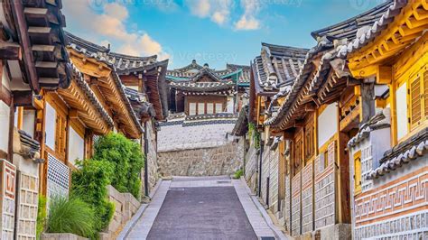 Bukchon Hanok Village with Seoul city skyline, cityscape of South Korea ...