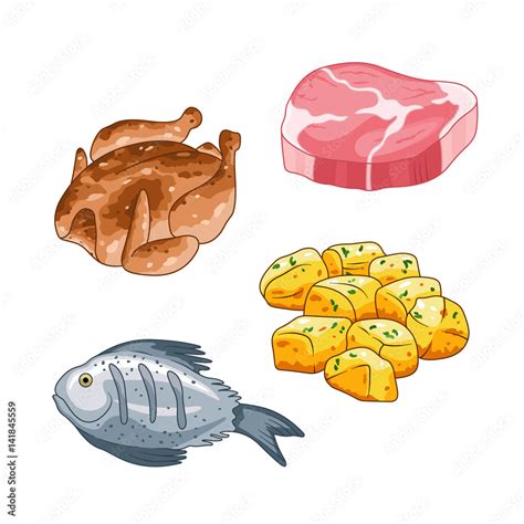 Food and meal vector set in cartoon style. Meat steak, chicken fish and ...