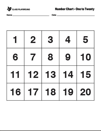 Printable Number Chart 1-20 - Class Playground