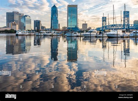 Sunrise riverfront view of the Downtown Jacksonville skyline along the ...