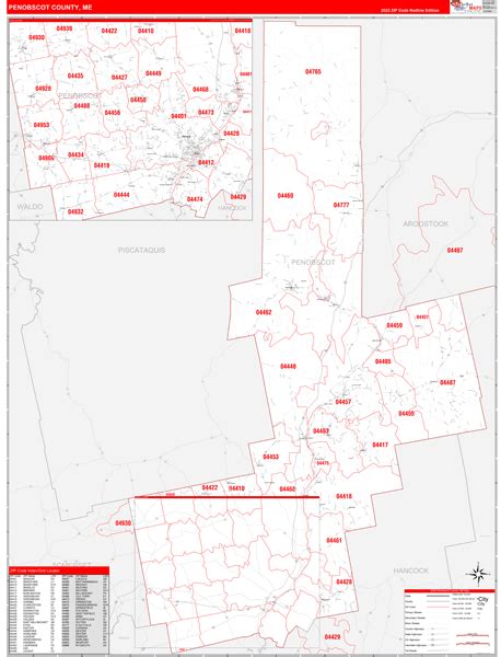 Penobscot County, ME Zip Code Wall Map Red Line Style by MarketMAPS - MapSales