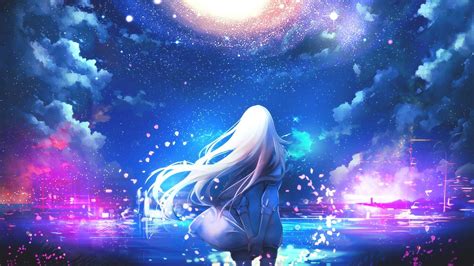 Anime 1920x1080 anime anime girls white hair long hair sky stars clouds | Cô gái trong anime ...