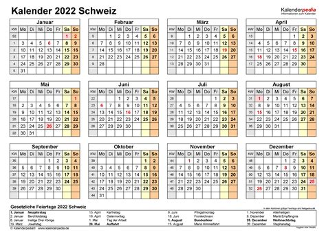 Kalender 2022 Schweiz in Excel zum Ausdrucken